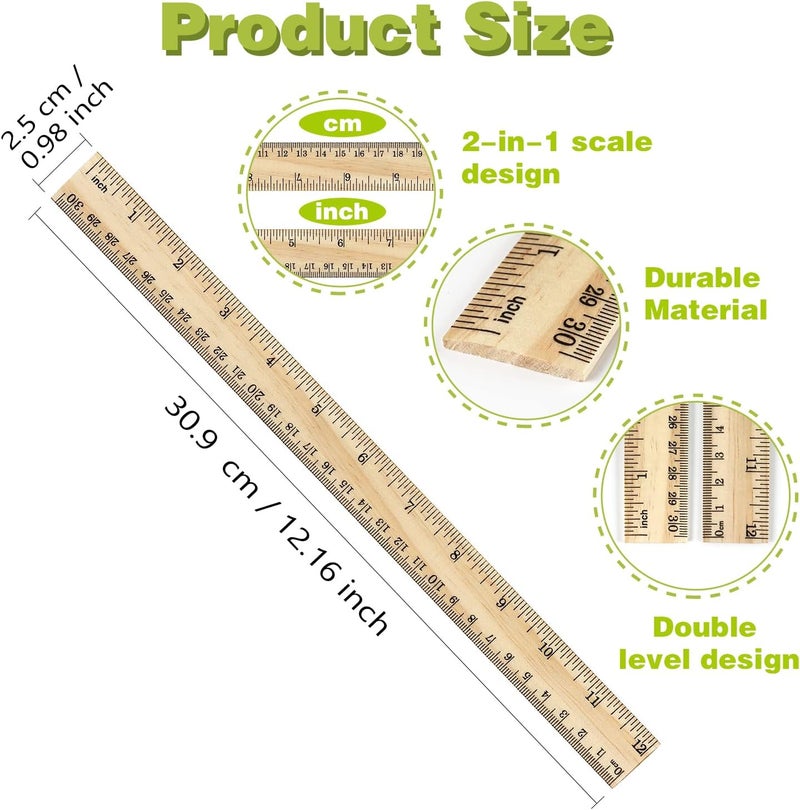 ZZTX 3 Pack Wooden Ruler 12 Inch Rulers Bulk Wood Measuring Ruler for Students Office School Supplies 2 Scale (30 cm) - Image 2